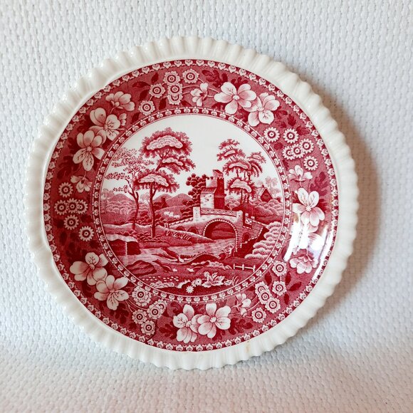 Set of 4 Copeland Pottery "Spode's Tower" Transfer Ware Saucers, Pink/Red, 5 7/8 - Picture 1 of 4
